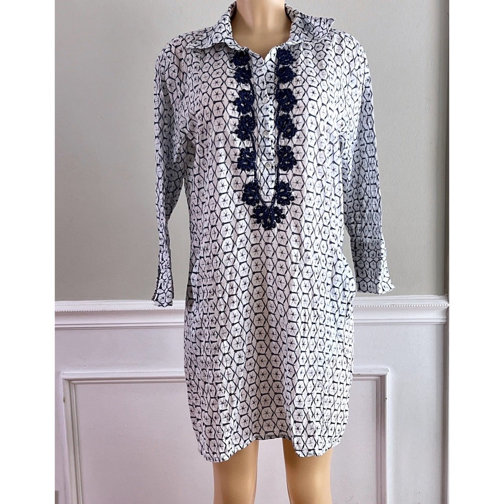 Helen Jon Tunic Cover Up Womens Medium Cotton Embroidered Blue White Geometric